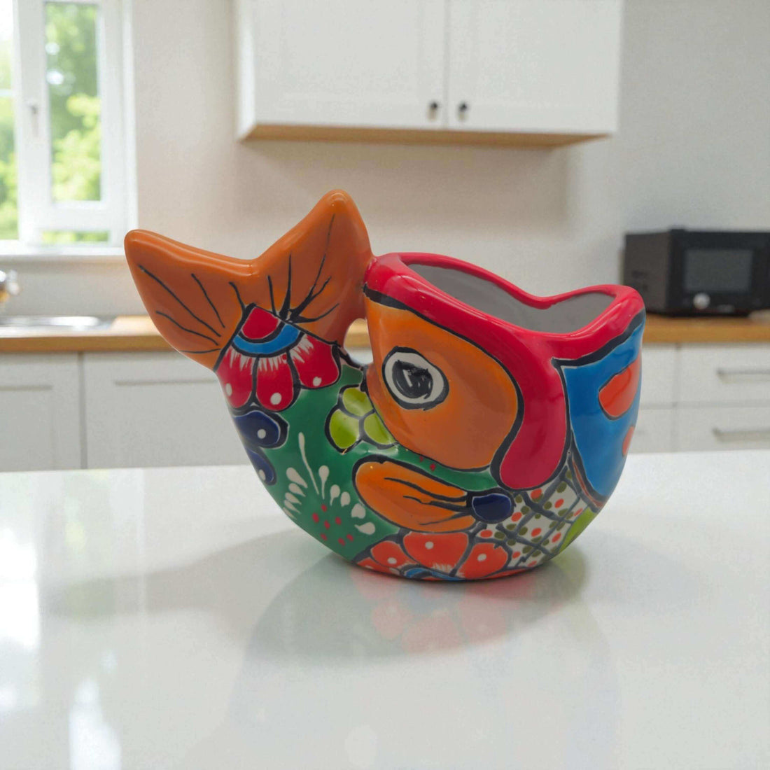 Colorful Talavera Fish Planter | Mexican Hand-Painted Pottery - vibrant hand-painted fish-shaped ceramic planter with floral Talavera motifs