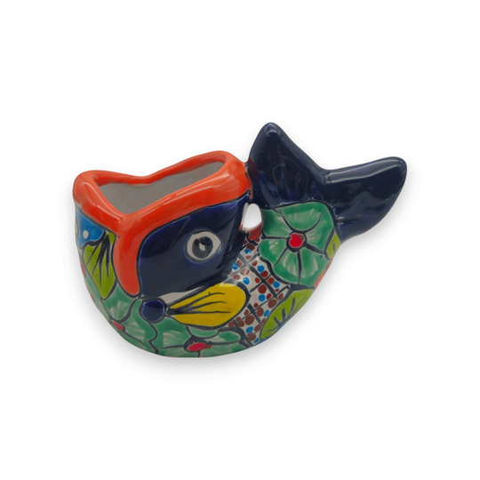Colorful Talavera Fish Planter | Mexican Hand-Painted Pottery - hand-painted Guanajuato fish-shaped planter with red, blue, yellow floral motifs