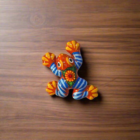Colorful Talavera Frog Figurine | Hand-Painted Mexican Wall Art - hand-painted red turquoise floral frog wall decor, kiln-fired lead-free glaze