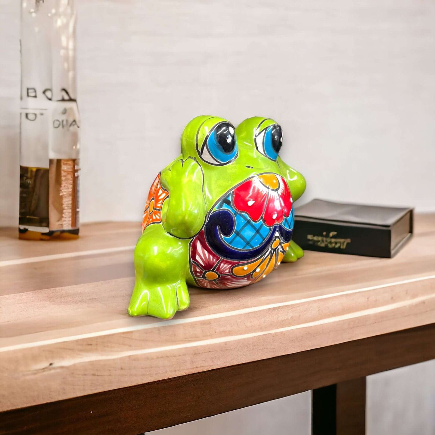 Colorful Talavera Frog Planter | Handcrafted Mexican Pottery Statue (Medium) - hand-painted green Talavera frog planter on wooden shelf