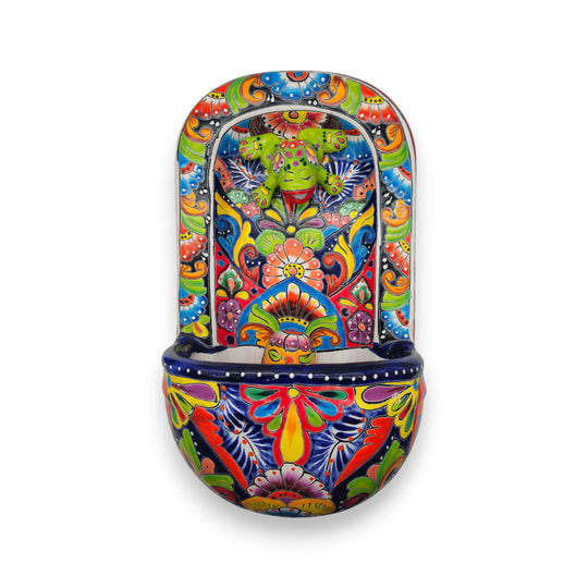 Colorful Talavera Wall Fountain | Mexican Ceramic Water Feature hand-painted cobalt blue orange green yellow floral motifs with playful frog