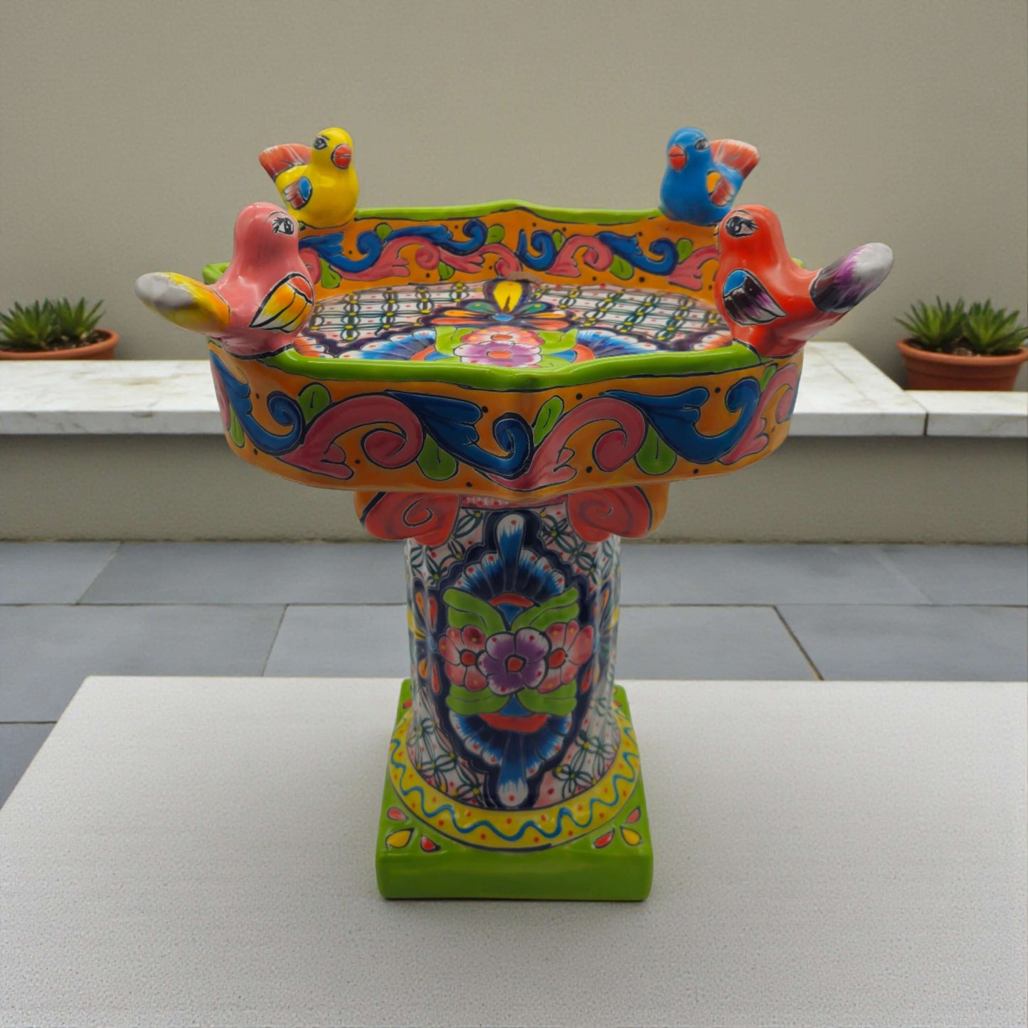 Colorful Talavera Bird Bath | Hand-Painted Ceramic Garden Art - hand-painted Talavera bird bath with bright floral motifs and perched ceramic birds