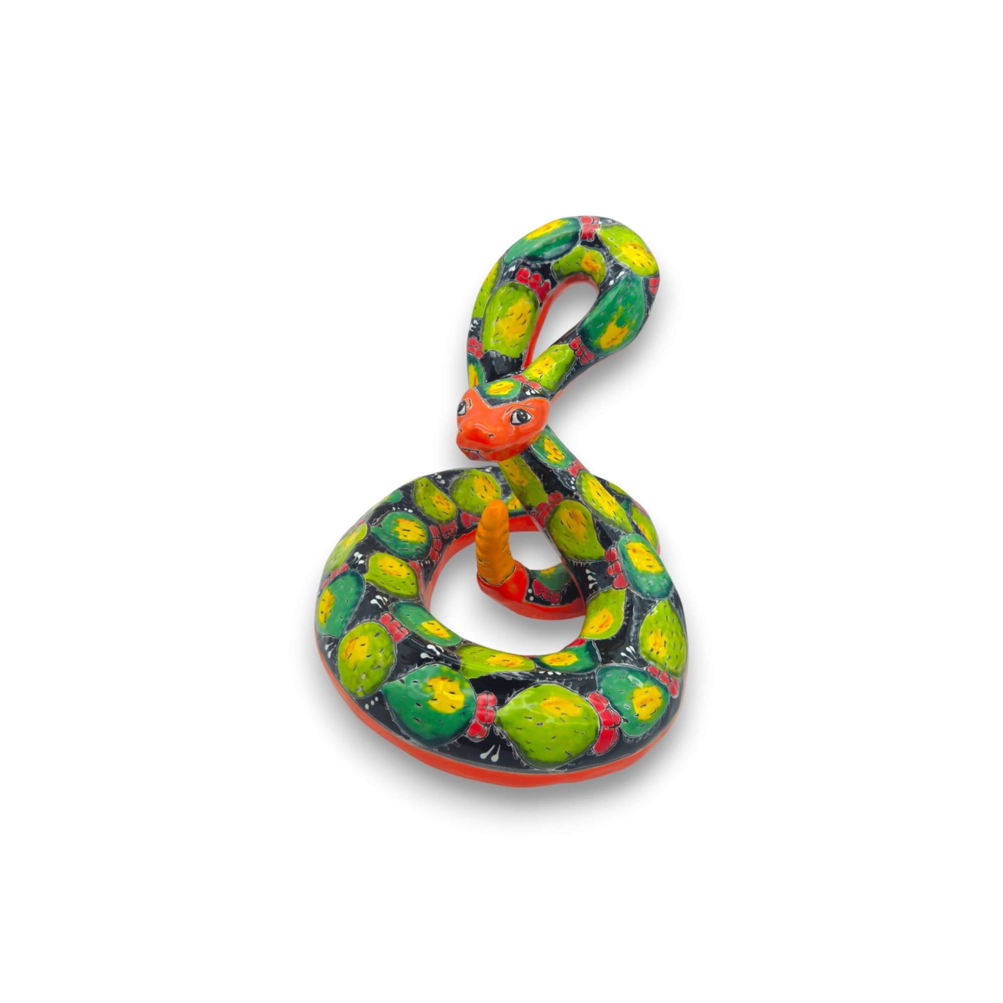 Colorful Talavera Snake Figurine | Handcrafted Mexican Art - hand-painted green and orange Talavera ceramic snake from Guanajuato, lead-free glaze, decorative
