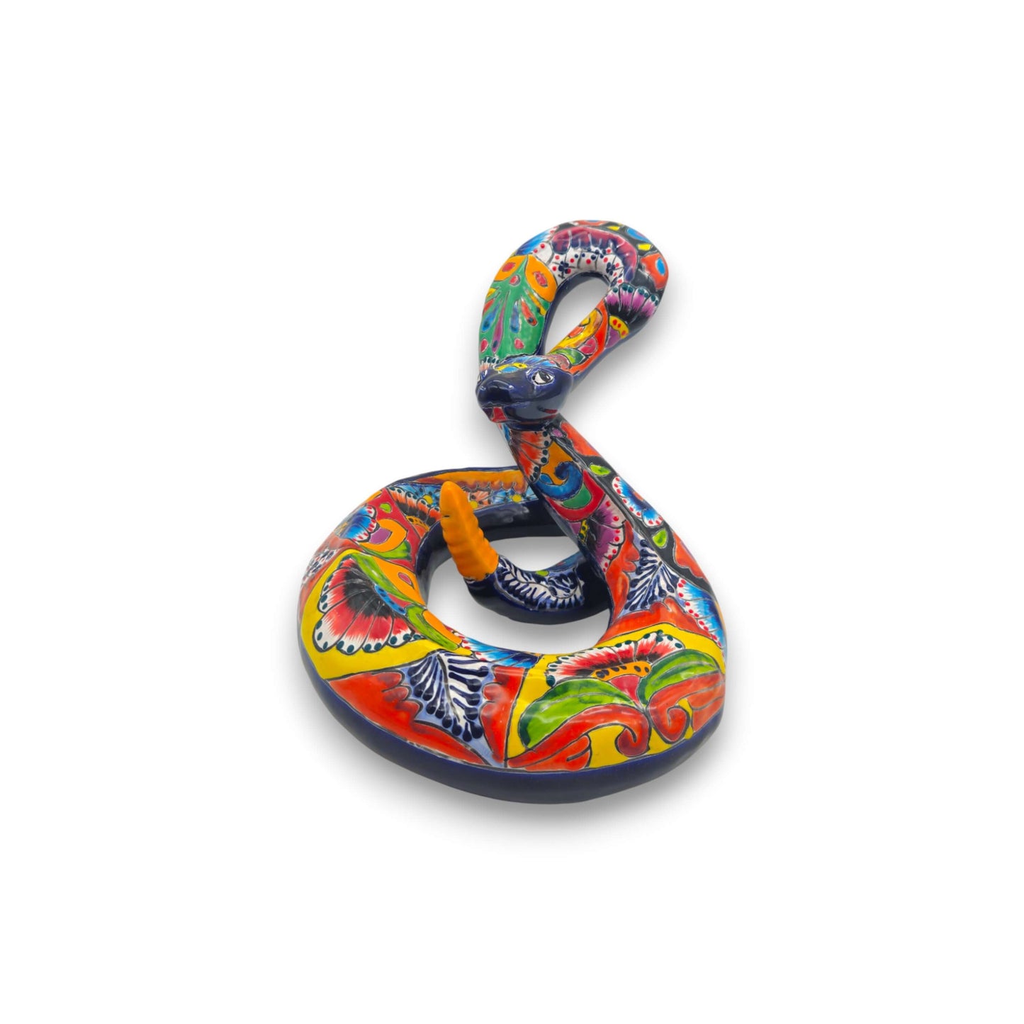 Colorful Talavera Snake Figurine | Handcrafted Mexican Art handcrafted hand-painted Talavera snake figurine from Guanajuato, vibrant folk-art display