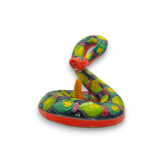 Colorful Talavera Snake Figurine | Handcrafted Mexican Art - hand-painted serpentine Talavera ceramic with vibrant green, yellow and red folk motifs