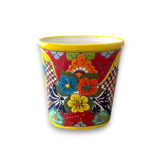 Colorful Talavera Trash Can | Handmade Mexican Waste Bin - hand-painted oval Talavera floral ceramic waste bin from Guanajuato, vibrant yellow rim