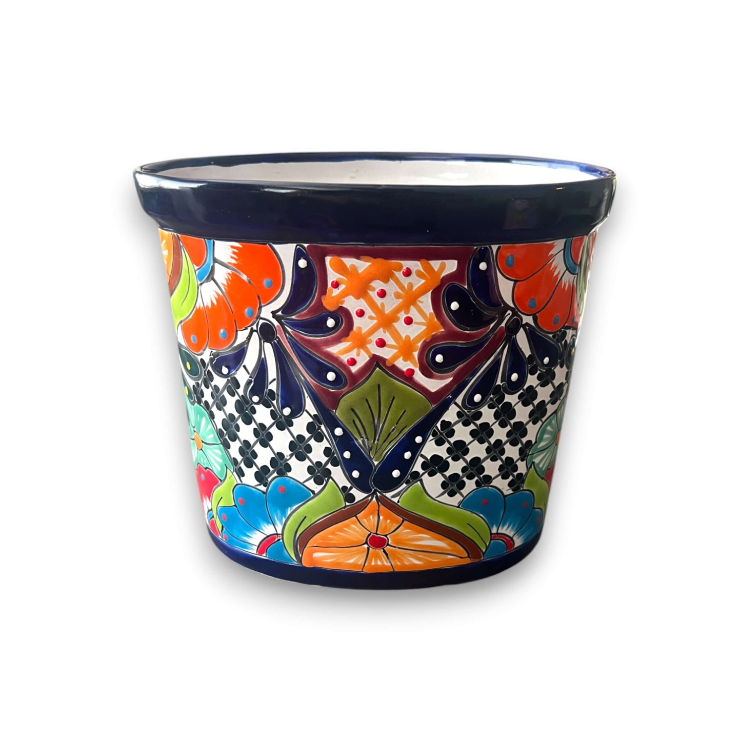 Colorful Talavera Trash Can | Handmade Mexican Waste Bin - hand-painted oval Talavera floral and geometric ceramic waste bin from Guanajuato, Mexico
