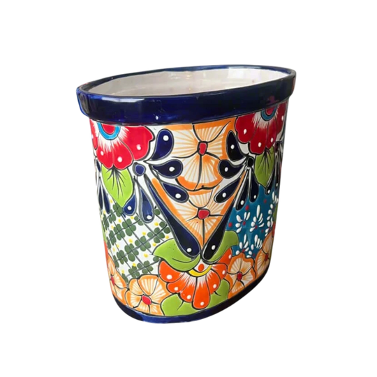 Colorful Talavera Trash Can | Handmade Mexican Waste Bin - hand-painted oval Talavera floral ceramic waste bin from Guanajuato, lead-free glaze