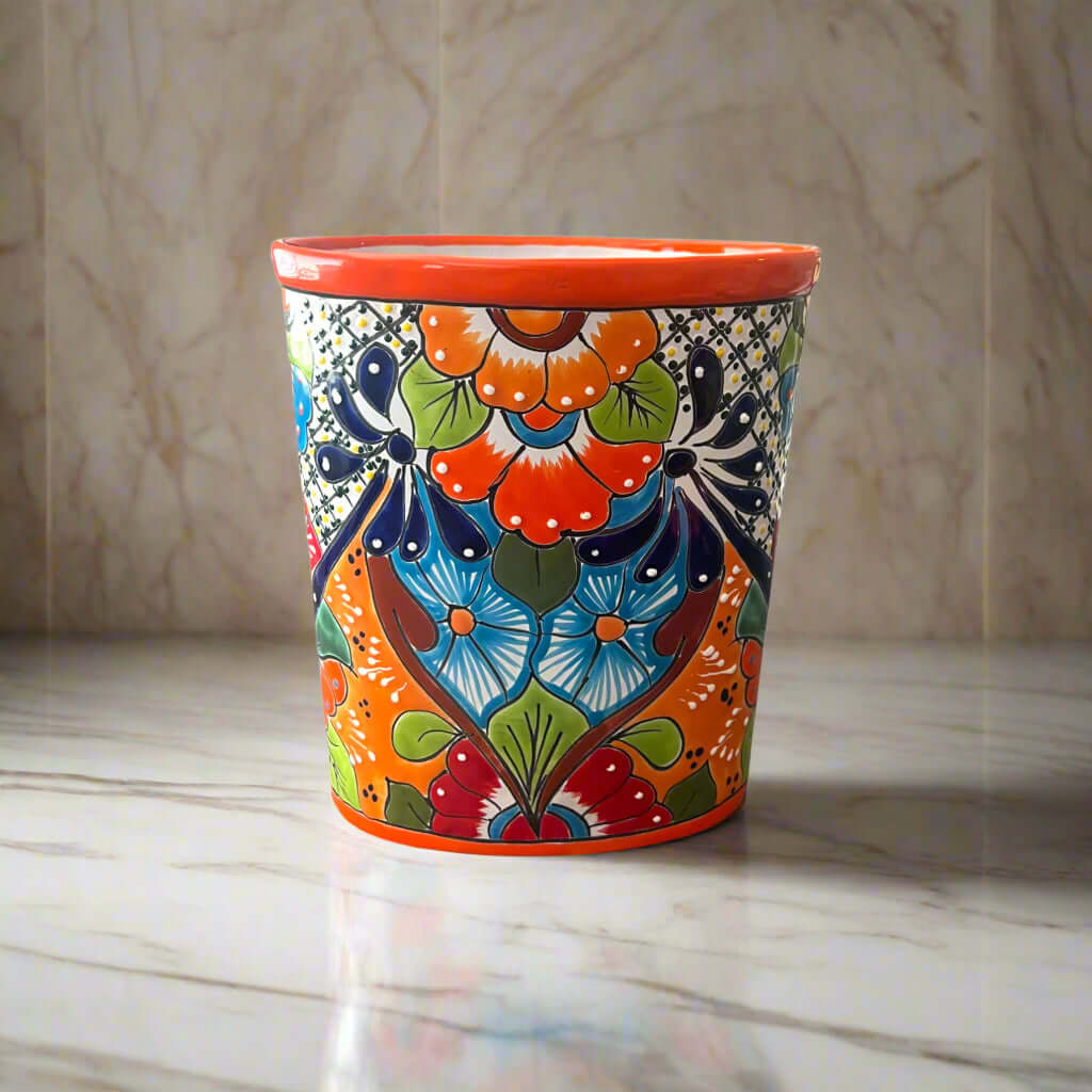 Colorful Talavera Trash Can | Handmade Mexican Waste Bin — hand-painted oval Talavera floral ceramic waste bin from Guanajuato, vibrant lead-free glaze