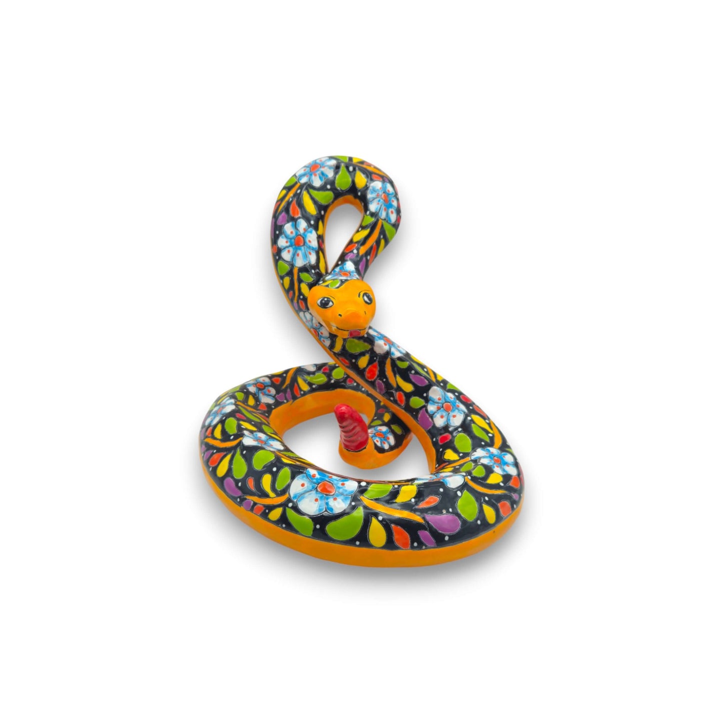 Colorful Talavera Snake Figurine | Handcrafted Mexican Art - hand-painted Talavera ceramic snake with floral motifs, vibrant folk-art decor