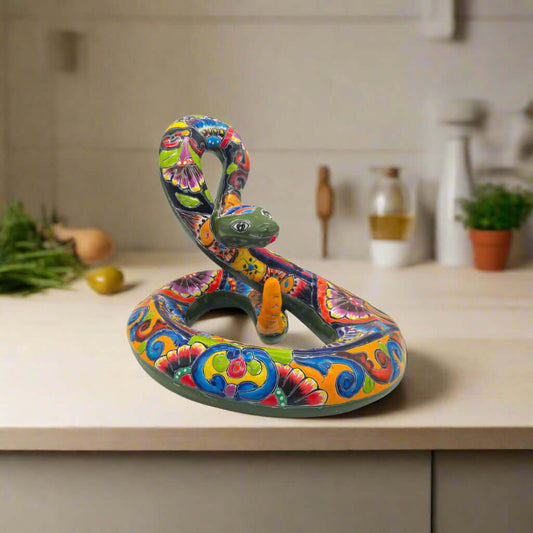 Colorful Talavera Snake Figurine | Handcrafted Mexican Art - hand-painted Talavera ceramic snake on display, vibrant folk-art home decor