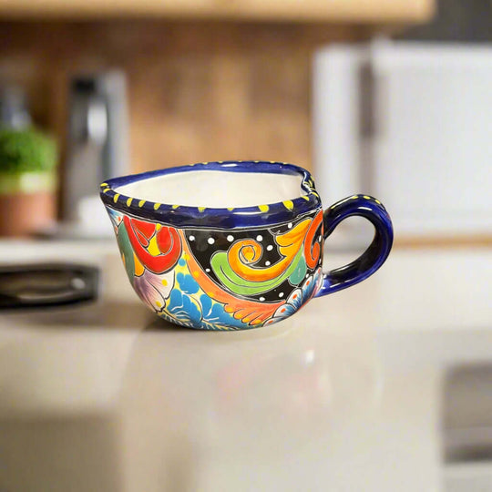 Colorful Talavera Heart Mug | Handmade Mexican Pottery Cup - heart-shaped hand-painted Talavera mug with cobalt rim, Guanajuato artisanal ceramic