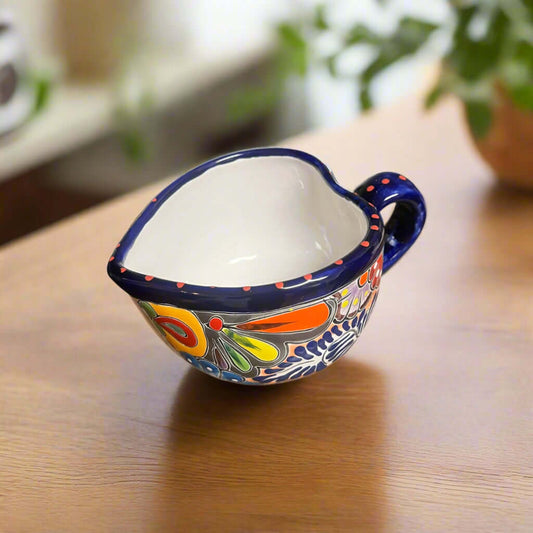 Colorful Talavera Heart Mug | Handmade Mexican Pottery Cup hand-painted heart-shaped ceramic mug with cobalt rim and bright Talavera floral design