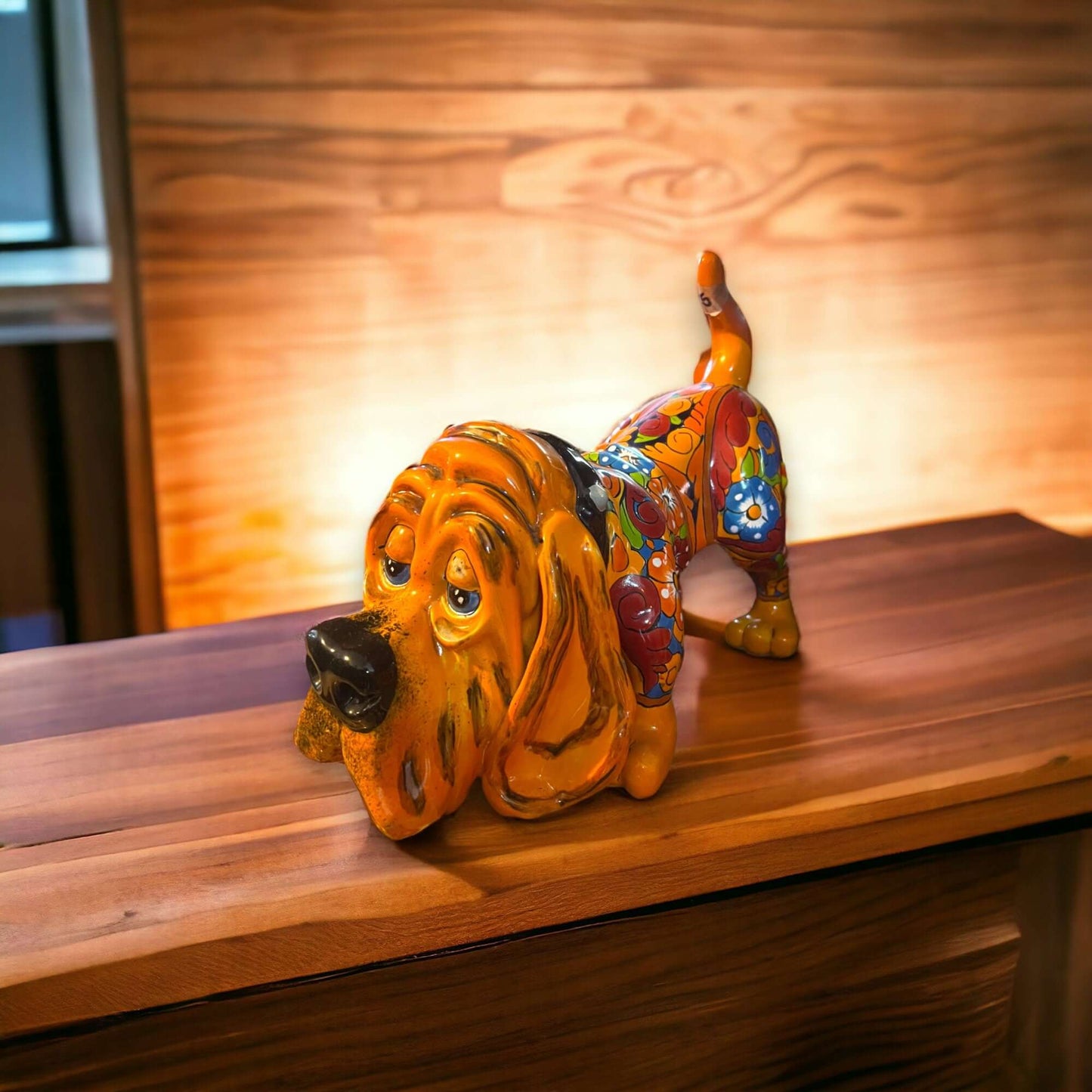 Colorful Talavera Hound Dog Statue | Handcrafted Mexican Dog Art (Medium Size) - handcrafted painted Talavera basset hound figurine on wooden table
