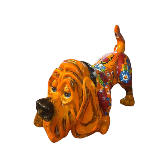 Colorful Talavera Hound Dog Statue | Handcrafted Mexican Dog Art (Medium Size) - handcrafted painted Talavera basset hound figurine on wooden table