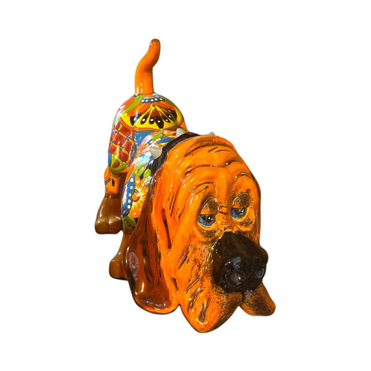 Colorful Talavera Hound Dog Statue | Handcrafted Mexican Dog Art (Medium Size) glazed hand-painted orange ceramic basset hound on stone table