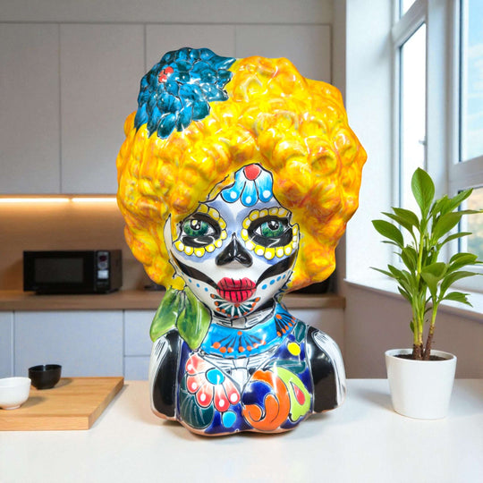 Colorful Talavera Lady Skull Planter | Day of the Dead Decor - hand-painted Talavera lady skull planter with yellow hairstyle and floral details