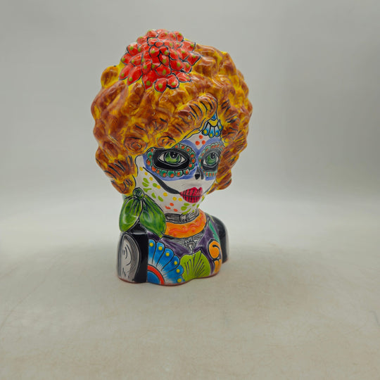 Colorful Talavera Lady Skull Planter — TGH-6235; actual product against its original background.