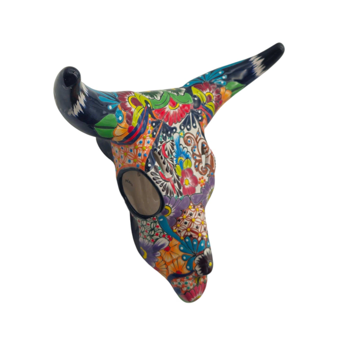 Colorful Talavera Bull Skull | Mexican Wall Art Decor, hand-painted Talavera longhorn with vivid floral and geometric motifs