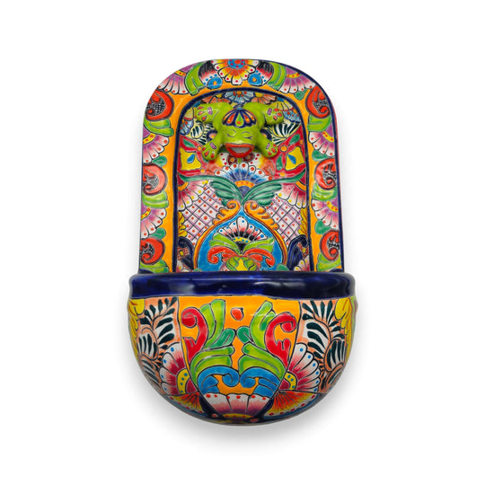 Colorful Talavera Wall Fountain | Mexican Ceramic Water Feature hand-painted cobalt blue orange green yellow floral frog wall fountain