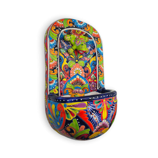 Colorful Talavera Wall Fountain | Mexican Ceramic Water Feature hand-painted cobalt blue orange green yellow floral motifs with playful frog