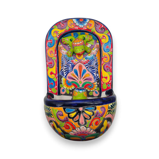Colorful Talavera Wall Fountain | Mexican Ceramic Water Feature hand-painted Talavera wall fountain with playful frog and floral motifs