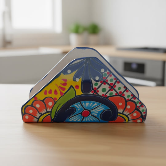 Colorful Talavera Napkin Holder | Mexican Ceramic Table Decor - handcrafted hand-painted floral and geometric motifs in blue, yellow, green, orange