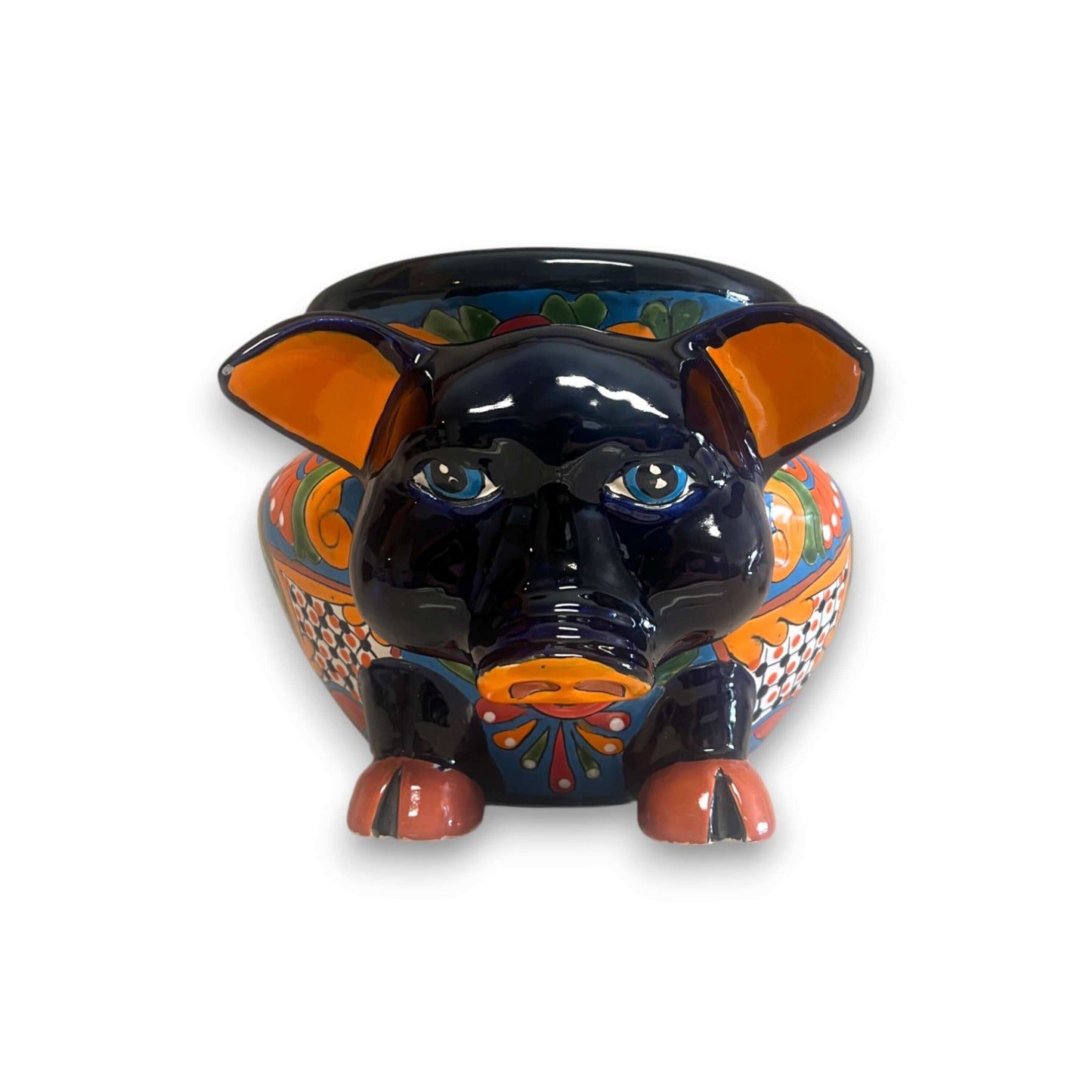 Talavera Pig Planter | Colorful Hand-Painted Mexican Animal Pot - glossy hand-painted Talavera pig planter with floral geometric patterns
