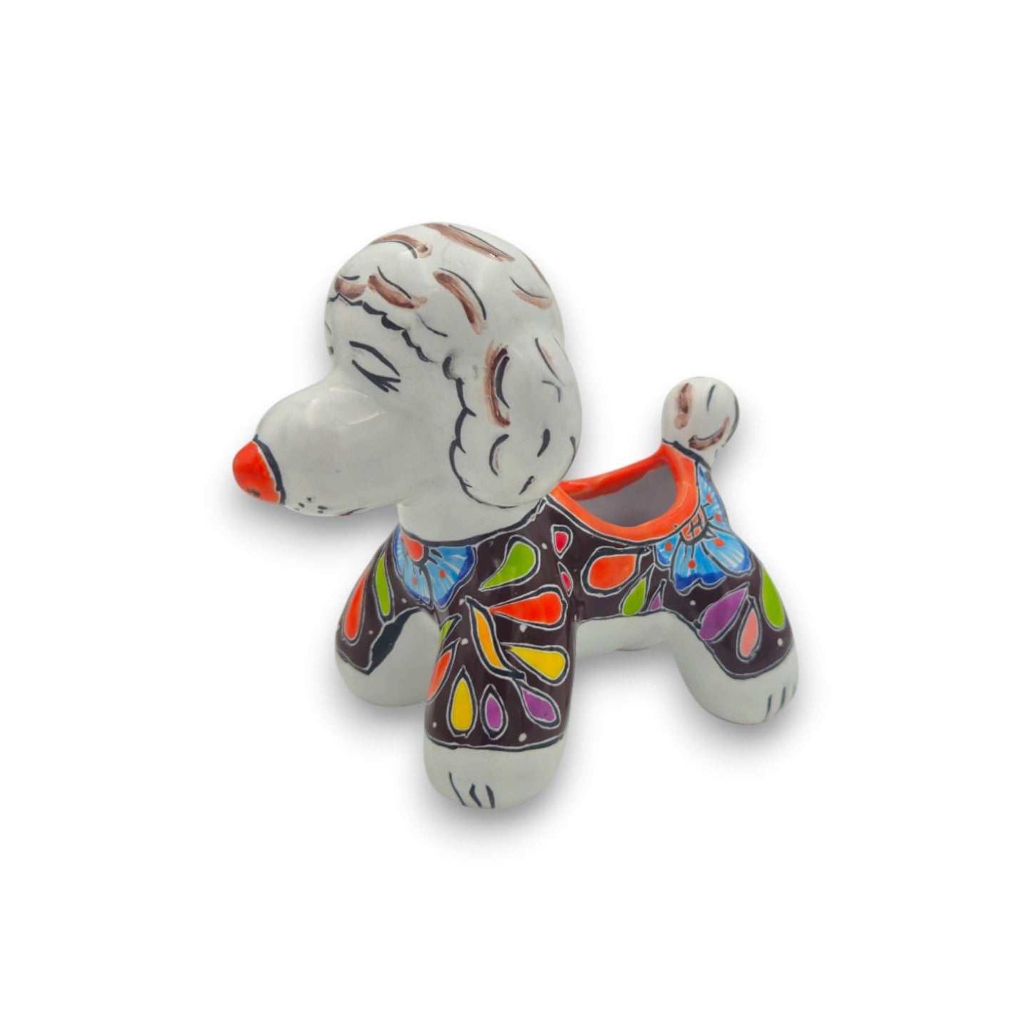 Colorful Talavera Poodle Planter | Mexican Hand-Painted Pottery - hand-painted Talavera poodle planter with bold floral swirls