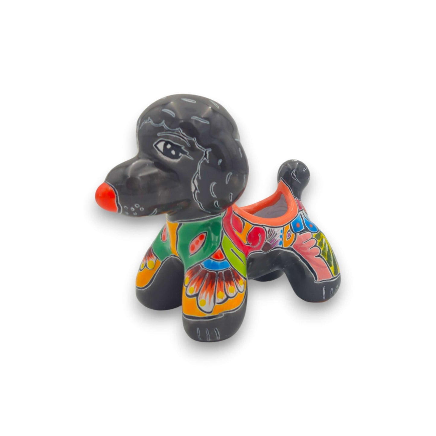 Colorful Talavera Poodle Planter | Mexican Hand-Painted Pottery - hand-painted poodle planter with bold floral swirls, lead-free glazed pottery from Guanajuato