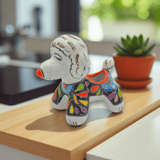 Colorful Talavera Poodle Planter | Mexican Hand-Painted Pottery - hand-painted Talavera poodle planter with bold floral swirls, lead-free glaze, Guanajuato craft