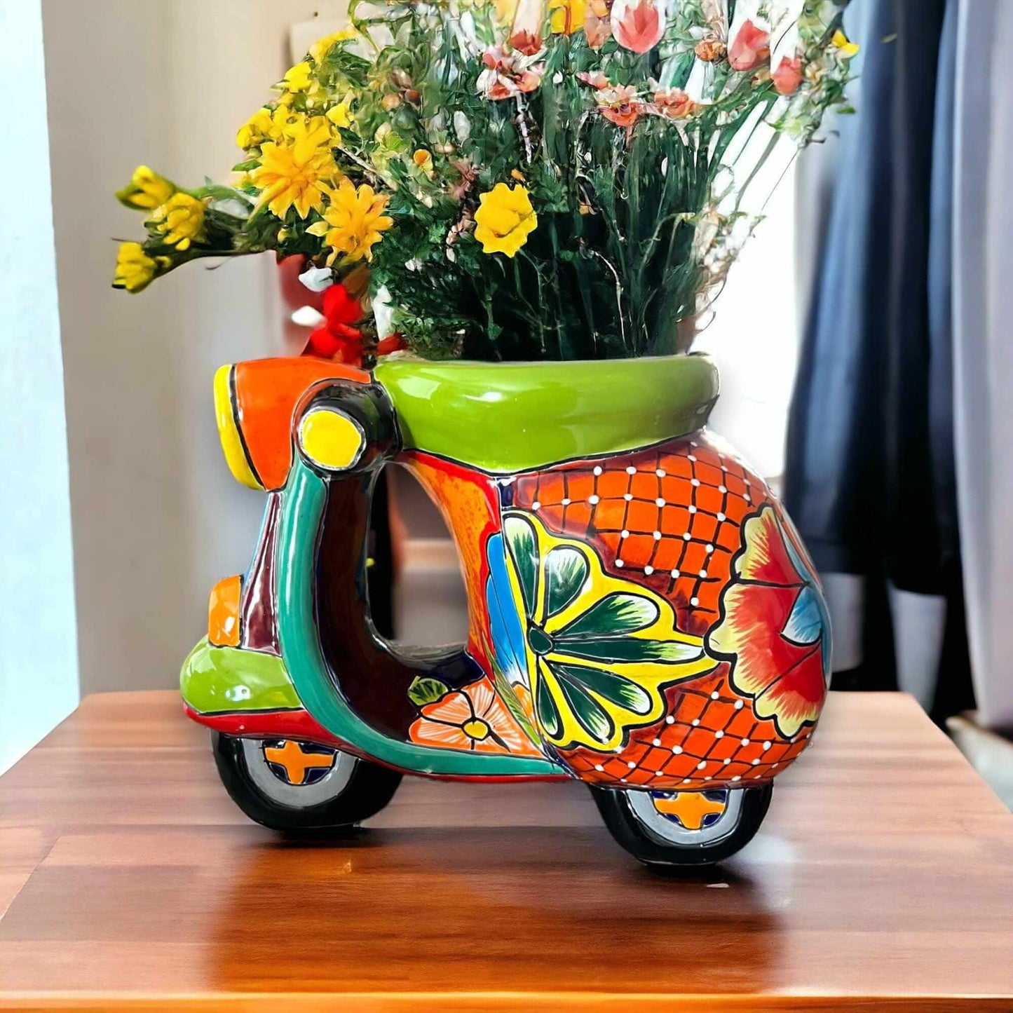 Colorful Talavera Scooter Planter | Hand-Painted Ceramic Scooter Statue (Large) bright hand-painted Talavera ceramic scooter planter with flowers