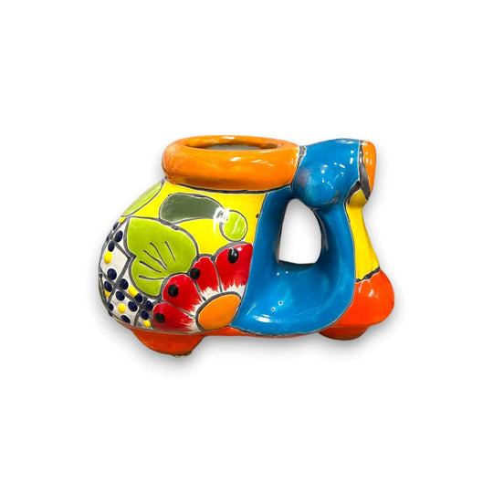 Colorful Talavera Scooter Planter | Mexican Art Decor vibrant hand-painted Talavera scooter planter with floral motifs, glazed and kiln-fired