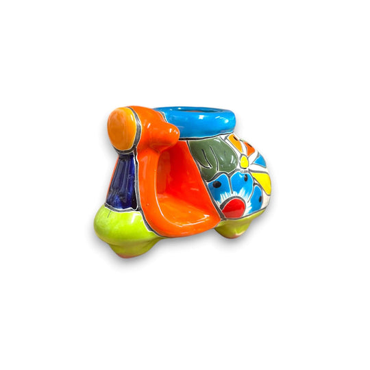 Colorful Talavera Scooter Planter | Mexican Art Decor - handcrafted hand-painted Talavera ceramic scooter planter from Guanajuato, bright floral design