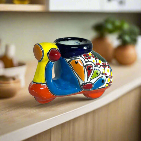 Colorful Talavera Scooter Planter | Mexican Art Decor - hand-painted Talavera scooter planter with vibrant colors and lead-free glaze