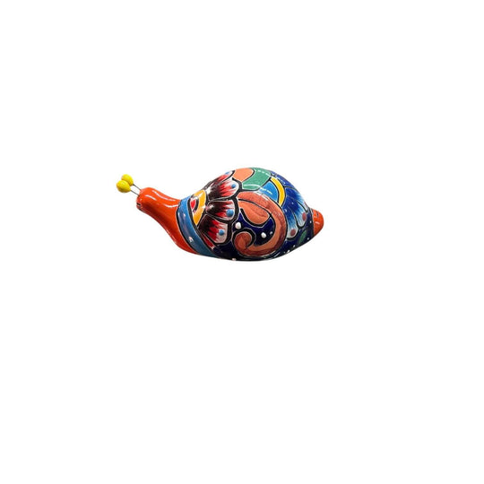 Colorful Talavera Snail Figurine | Mexican Ceramic Garden Decor - hand-painted Talavera snail, vibrant lead-free glaze, Guanajuato artisan decor