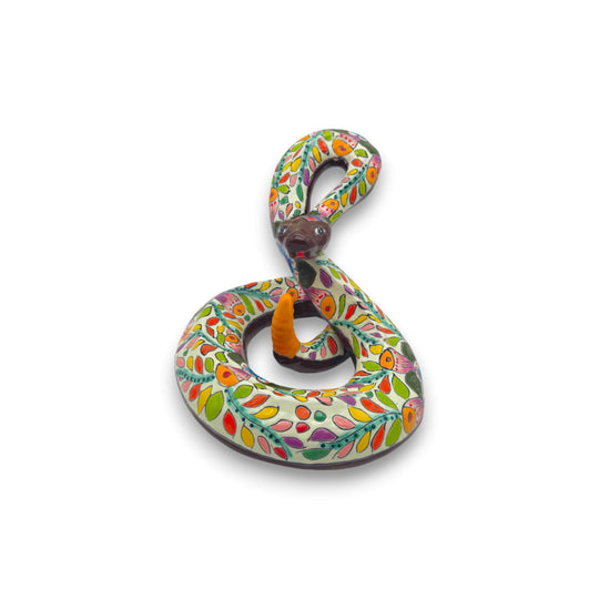 Colorful Talavera Snake Figurine | Handcrafted Mexican Art - hand-painted kiln-fired Talavera snake with vibrant floral motifs