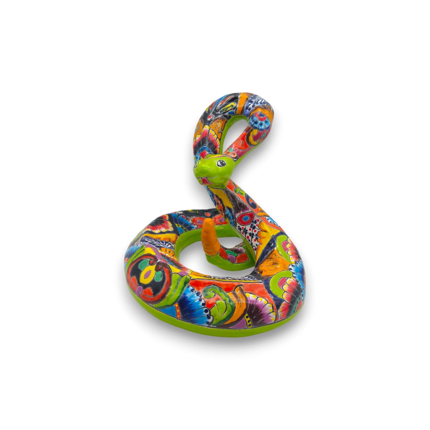 Colorful Talavera Snake Figurine | Handcrafted Mexican Art - hand-painted Talavera ceramic snake with vibrant folk-art patterns from Guanajuato