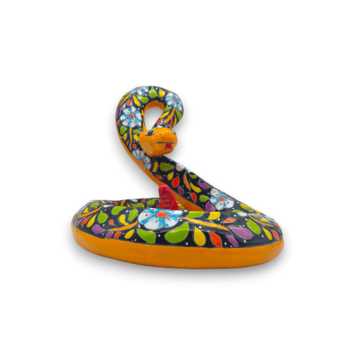 Colorful Talavera Snake Figurine | Handcrafted Mexican Art - hand-painted Talavera ceramic snake from Guanajuato with vibrant floral patterns