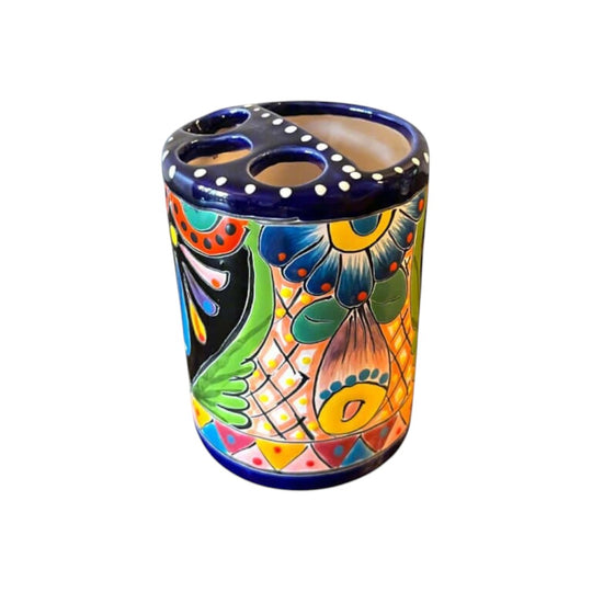 Colorful Talavera Toothbrush Holder | Cobalt Blue Rim Mexican Bath Decor - hand-painted Talavera ceramic holder on marble sink