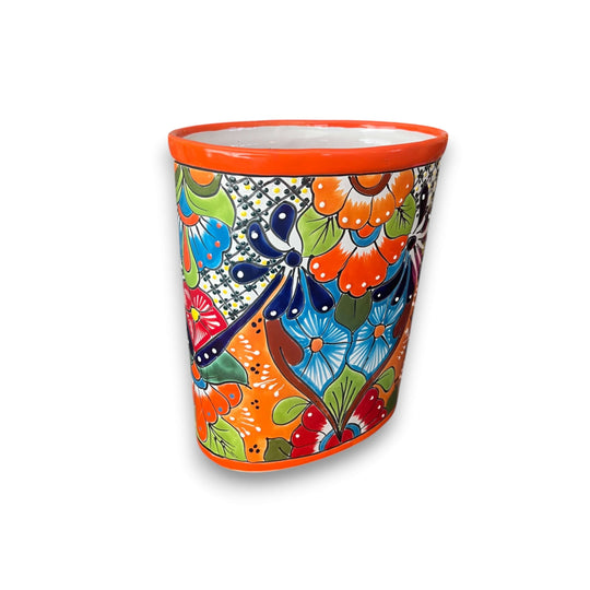 Colorful Talavera Trash Can | Handmade Mexican Waste Bin - oval hand-painted Talavera floral ceramic waste bin, kiln-fired lead-free glaze