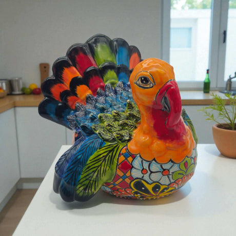 Colorful Talavera Turkey Figurine | Hand-Painted Mexican Folk Art — hand-painted Talavera turkey with bright orange, blue, green floral and feather patterns