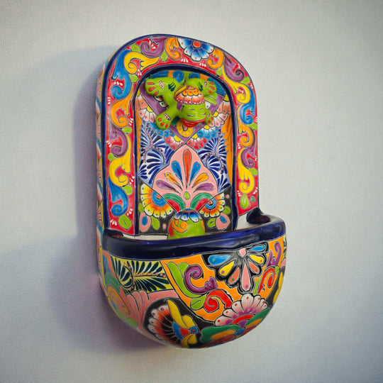 Colorful Talavera Wall Fountain | Mexican Ceramic Water Feature hand-painted Talavera wall fountain with frog motif in cobalt blue orange green yellow