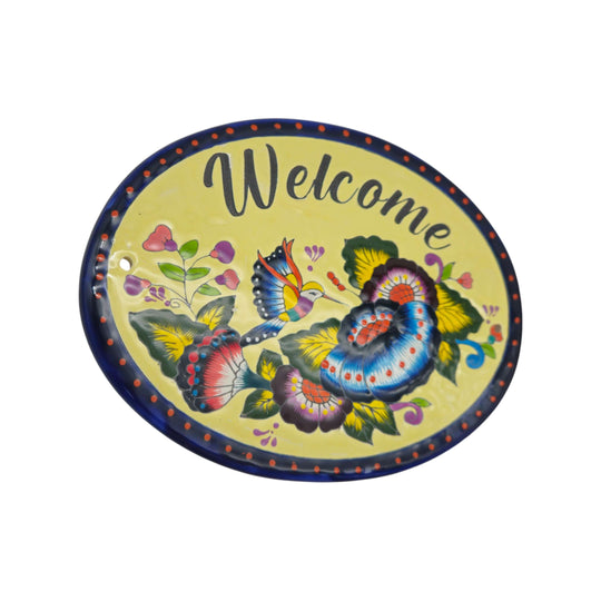 Colorful Talavera Welcome Plaque | Hand-Painted Wall Sign - oval hand-painted Talavera ceramic with floral motifs and butterfly, kiln-fired lead-free glaze