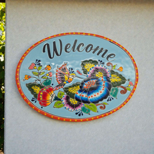 Colorful Talavera Welcome Plaque | Hand-Painted Wall Sign — hand-painted oval Talavera ceramic welcome plaque with vibrant floral and butterfly design