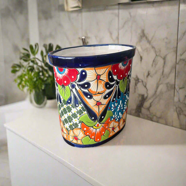Colorful Talavera Trash Can – Medium Handmade Ceramic Bin