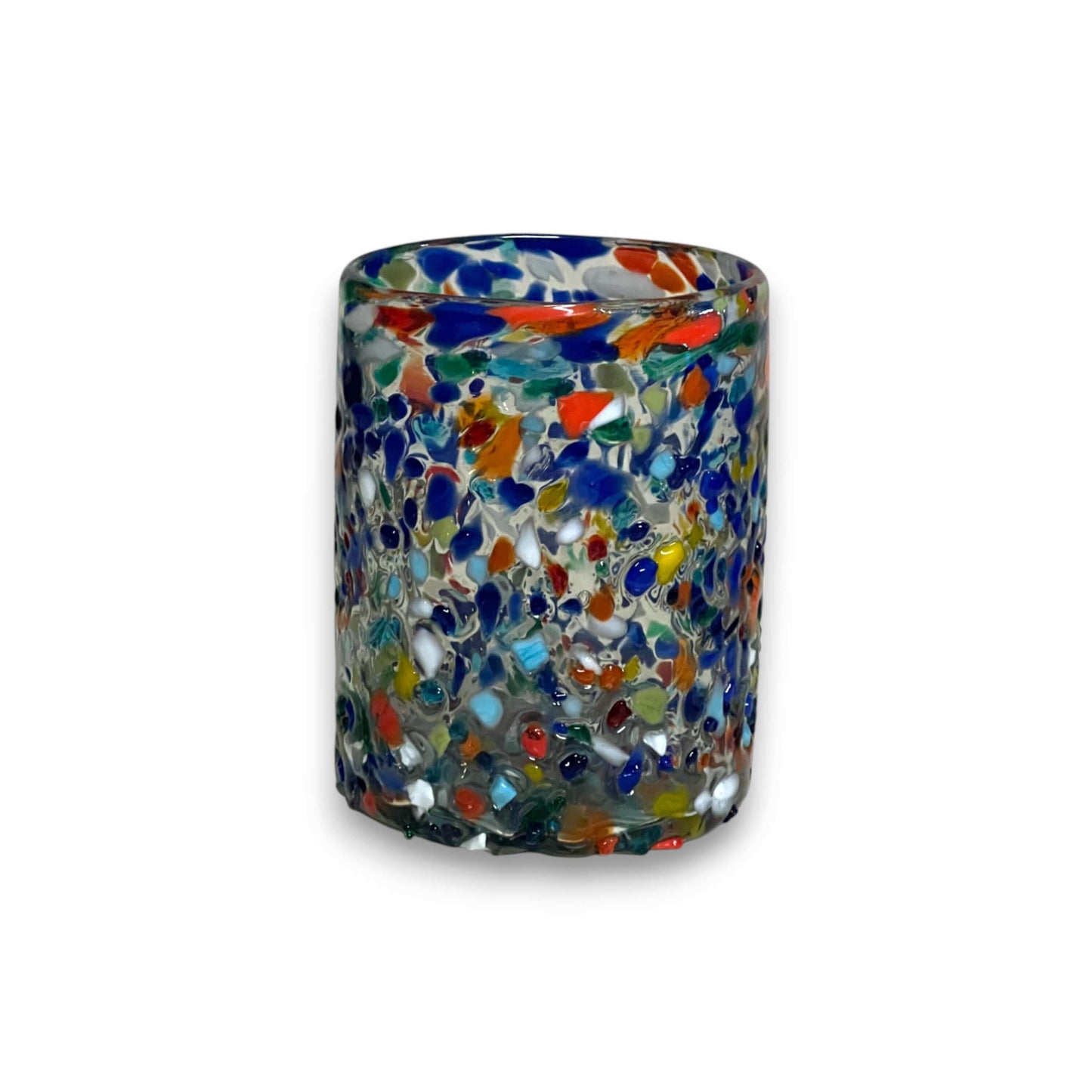 Confetti Pebbled Tumbler | Hand-Blown Mexican Glassware — hand-blown Guanajuato glass with blue, orange, green and white pebbled confetti