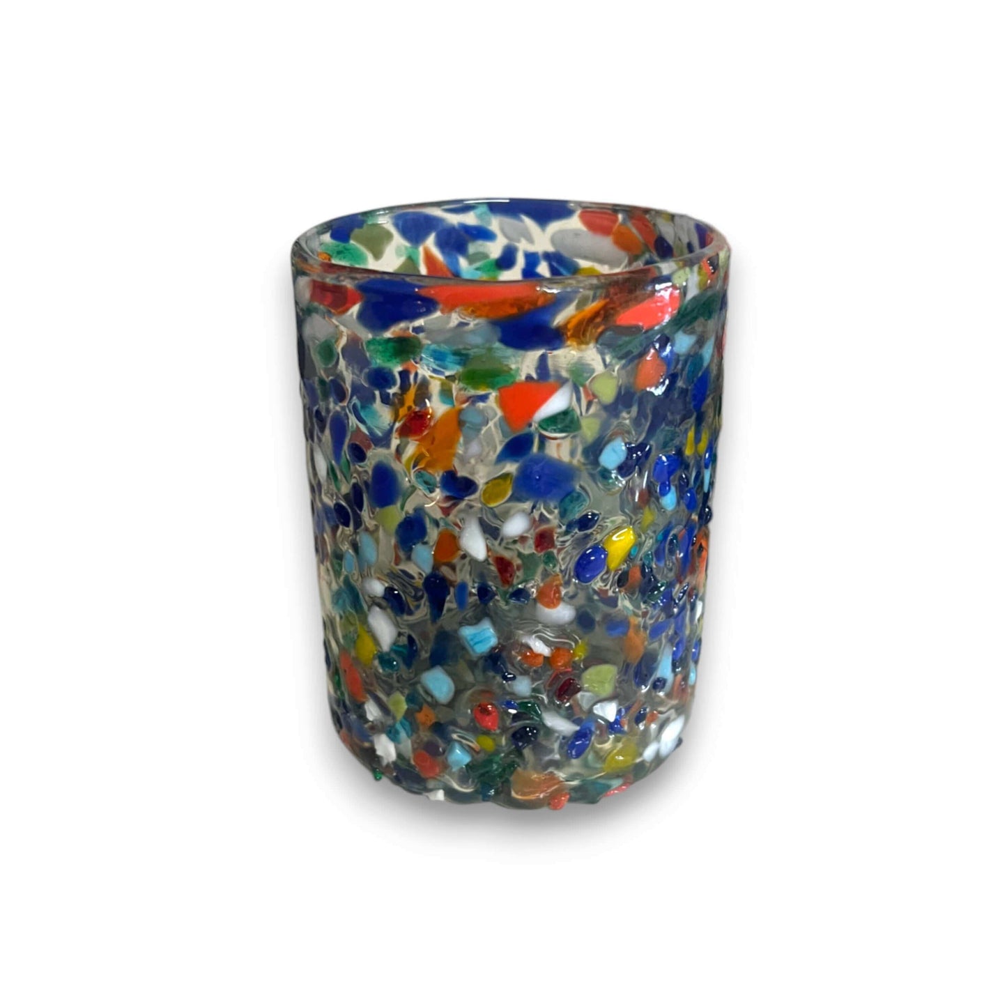 Confetti Pebbled Tumbler | Hand-Blown Mexican Glassware - hand-blown lead-free glass tumbler with blue, orange, green and white confetti pebbles