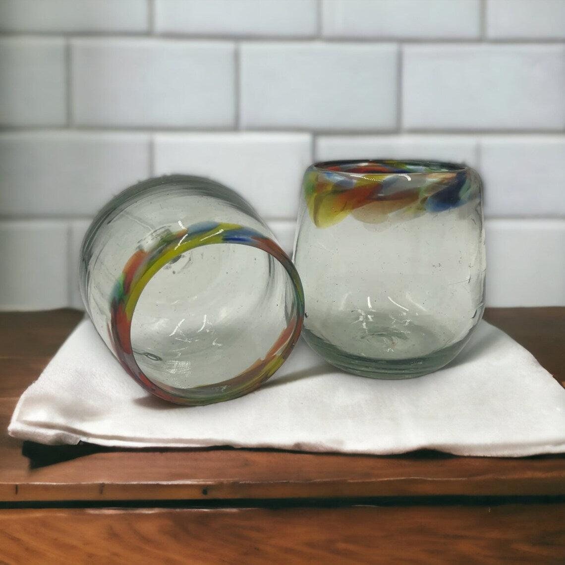 Confetti Rim Hand Blown Stemless Wine Glasses | Colorful Glassware