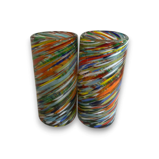 Colorful Hand-Blown Tumbler | Confetti Swirl Mexican Glass - pair of hand-blown lead-free tumblers with red blue green orange yellow and white confetti swirl pattern